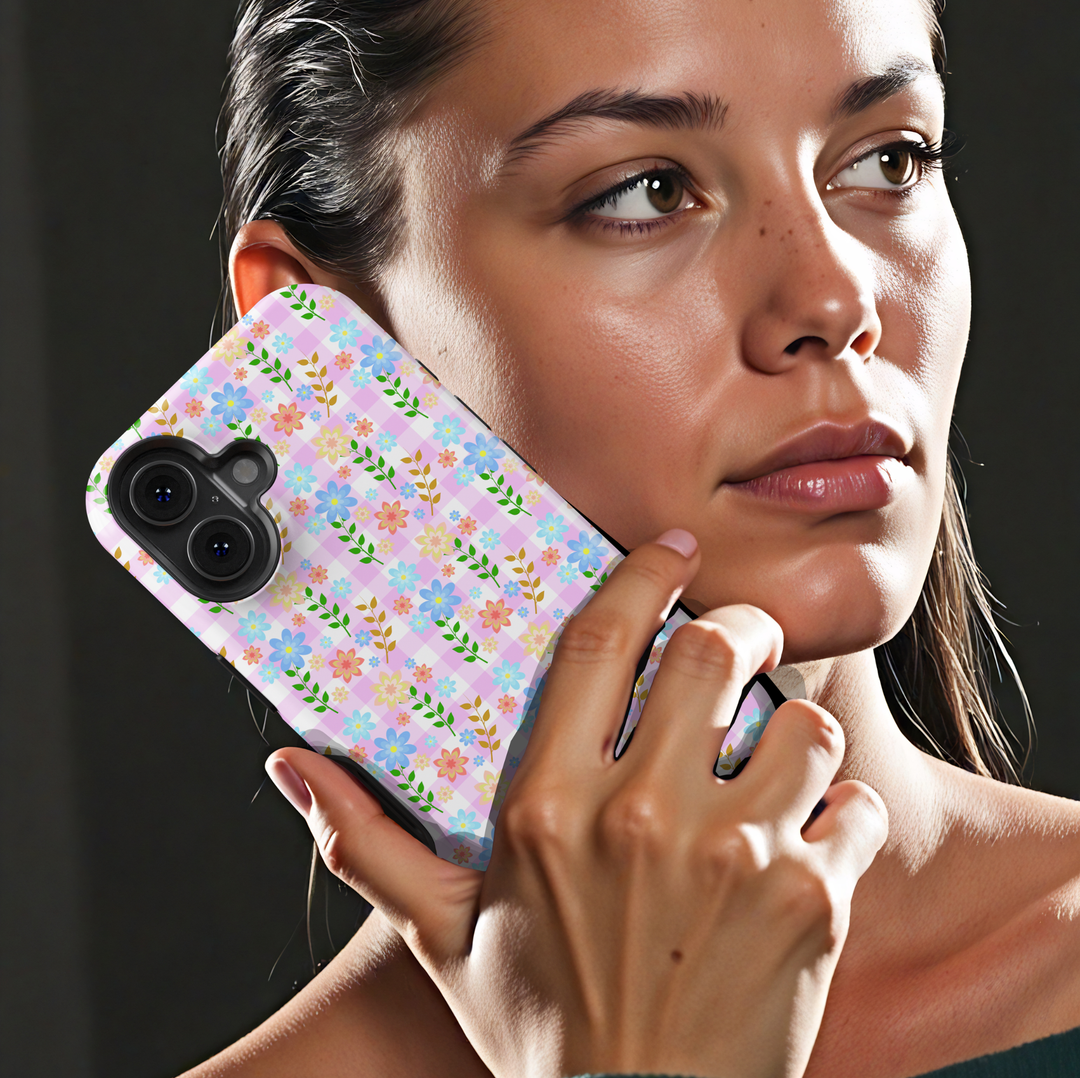 Pink gingham iPhone tough case with pastel flowers and green vines in a cute cottagecore pattern