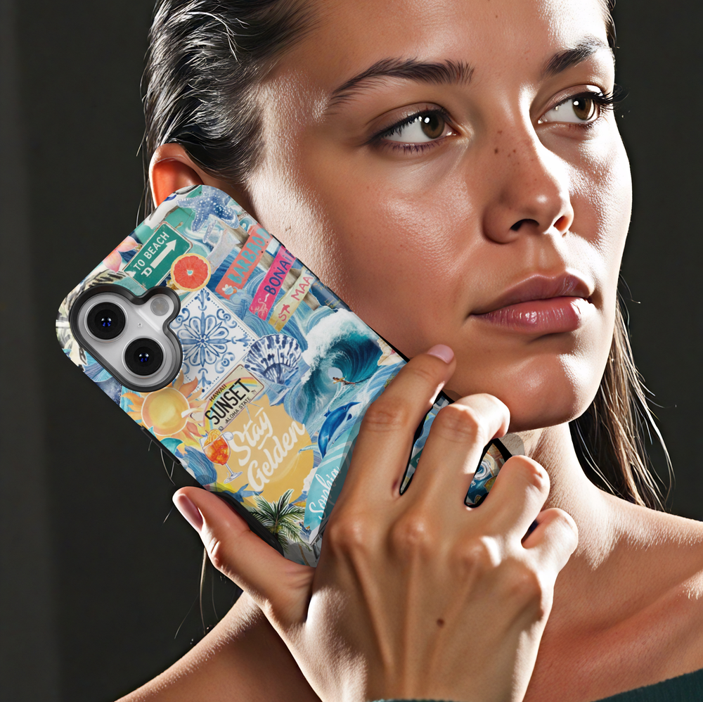 Summer beach collage phone case with ocean waves, sunset, and tropical aesthetic for iPhone 17 Pro Max and Samsung Galaxy S26 Ultra.