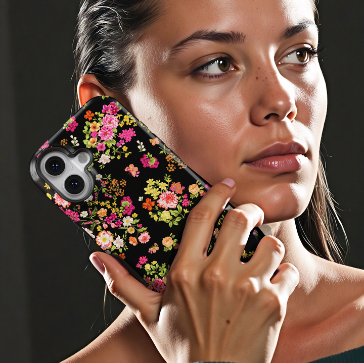 Black floral wildflower iPhone 17 case with colorful botanical flowers aesthetic protective tough case for iPhone 17 Pro Max, iPhone 17 Pro, iPhone 16 Pro Max, iPhone 16 Plus cute garden flower phone cover