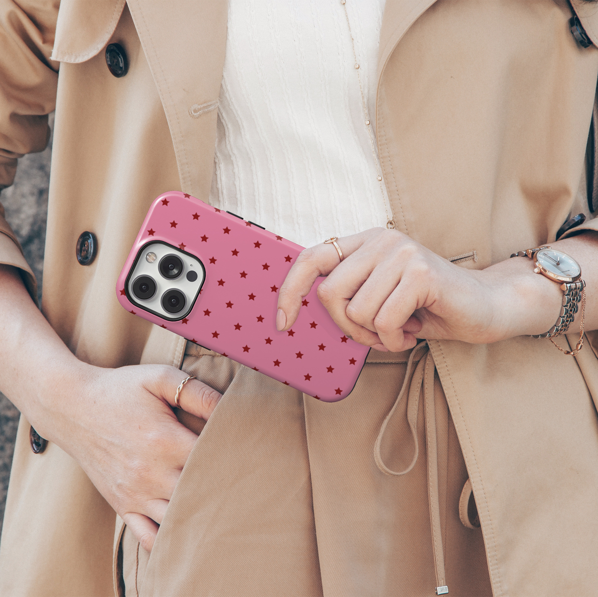 Starstruck pink iPhone 18 Pro Max MagSafe case with repeating deep red stars on a bubblegum pink background, a cute girly protective tough iPhone 18 Pro phone case featuring a minimalist celestial star pattern, pink and red aesthetic design and MagSafe compatibility.