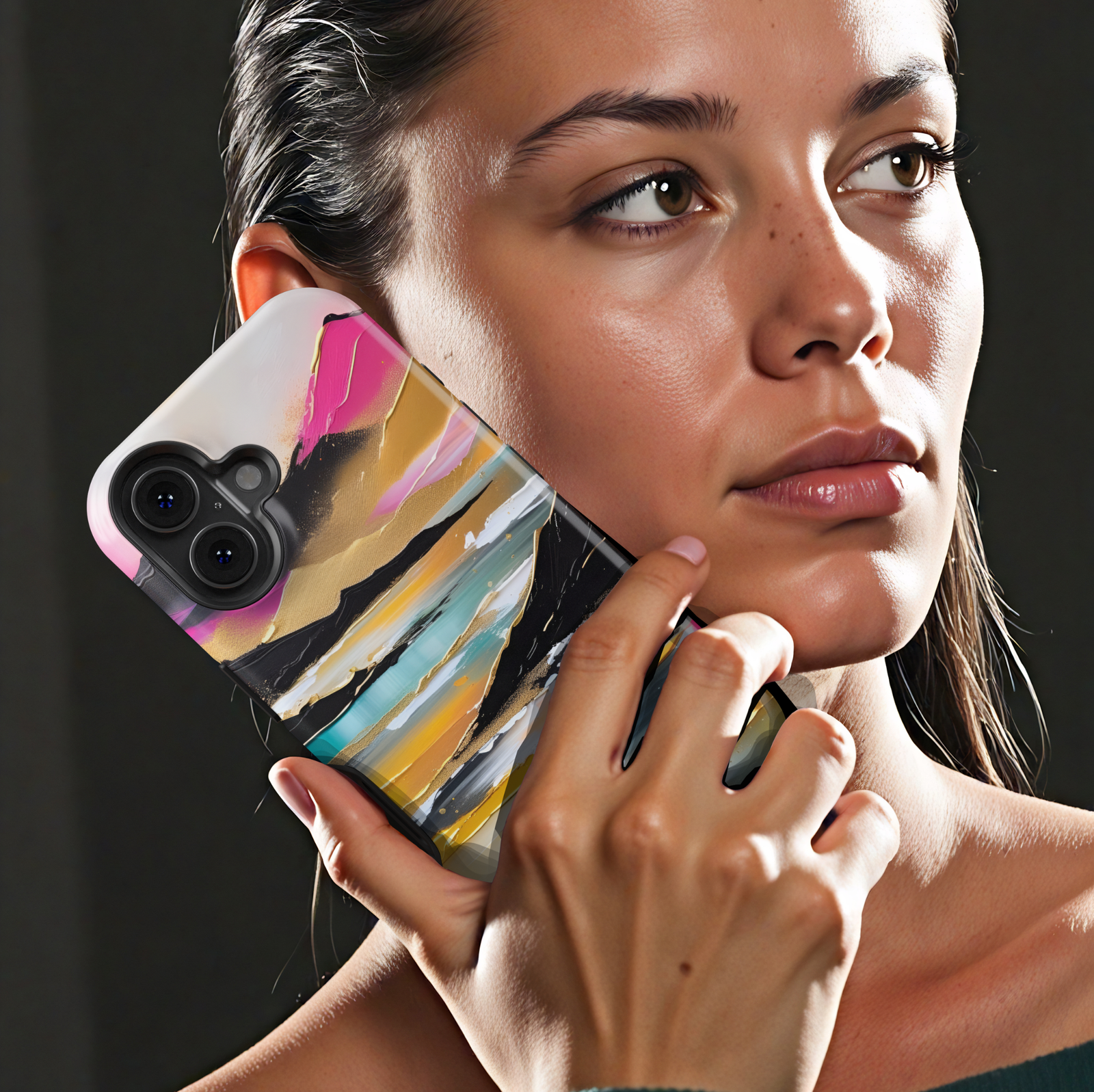 Modern landscape iPhone case featuring turquoise mountains, a reflective lake, and a colorful sunset sky.