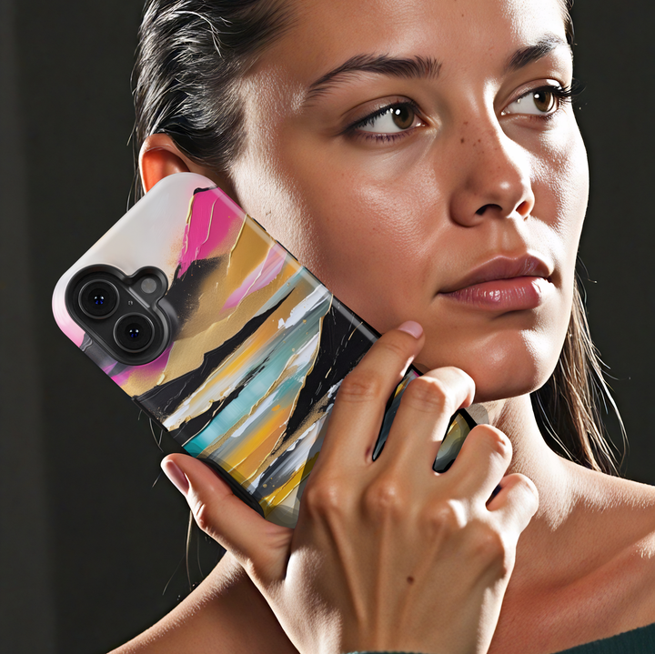 Modern landscape iPhone case featuring turquoise mountains, a reflective lake, and a colorful sunset sky.
