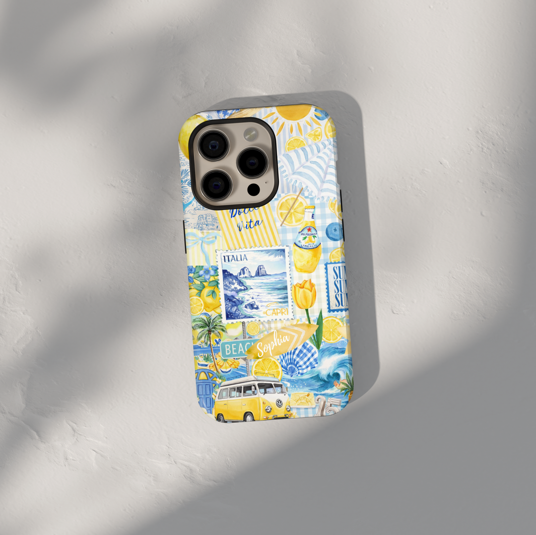 Blue coastal beach collage phone case with lighthouse and travel aesthetic for iPhone 17 Pro Max and Samsung Galaxy S26 Ultra.