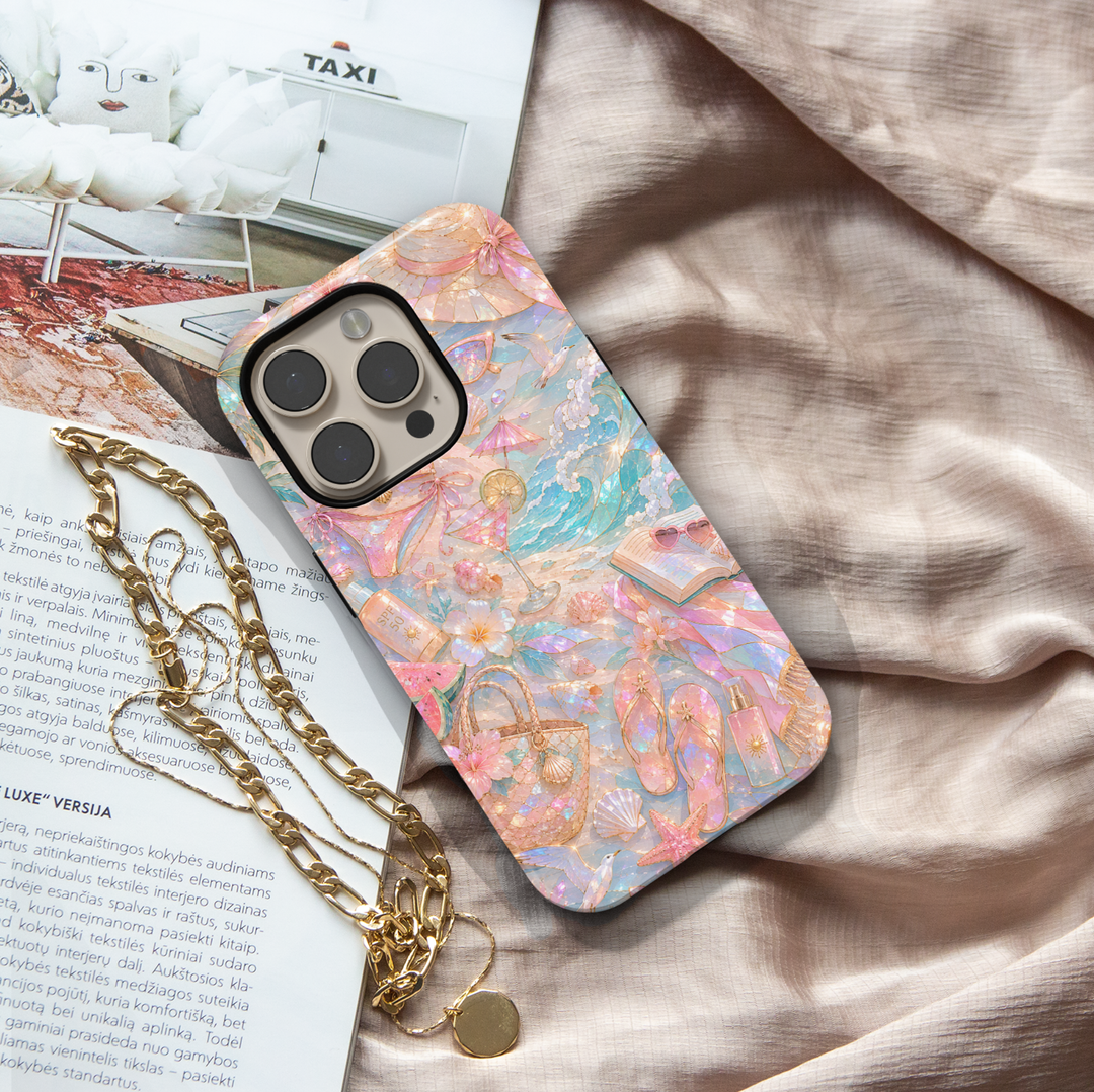Beach aesthetic iPhone 17 Pro Max case featuring ocean waves, seashells, tropical flowers, beach accessories, cocktails, and pastel coastal artwork.