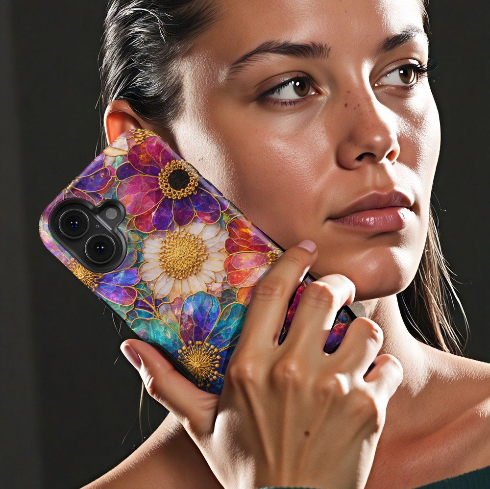 Luxury stained glass floral phone case with colorful petals and gold detailing on a protective iPhone and Samsung Galaxy phone case for women