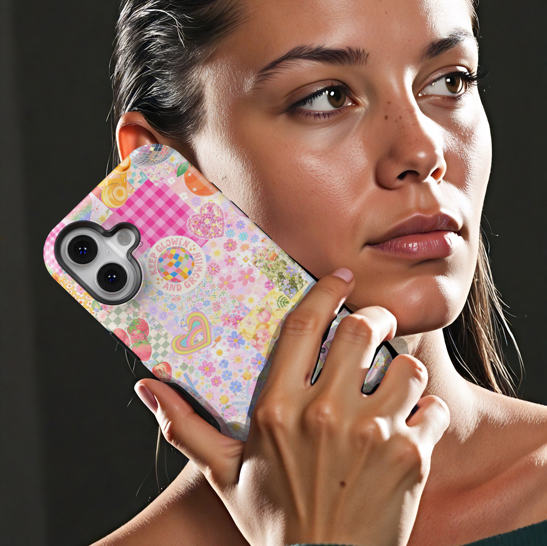 Cute pastel collage iPhone 17 case with retro flowers rainbow hearts strawberries and aesthetic patchwork protective tough case for iPhone 17 Pro Max, iPhone 17 Pro, iPhone 16 Pro Max, iPhone 16 Plus