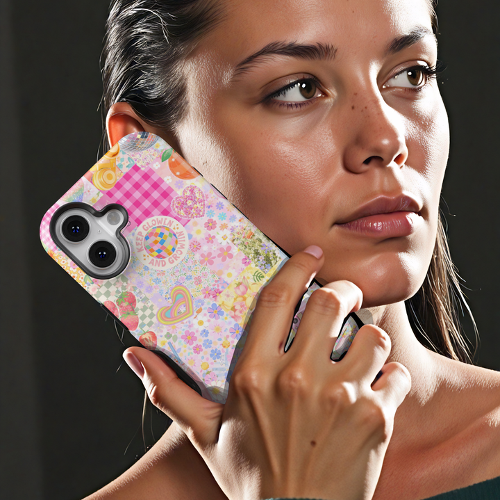 Cute pastel collage iPhone 17 case with retro flowers rainbow hearts strawberries and aesthetic patchwork protective tough case for iPhone 17 Pro Max, iPhone 17 Pro, iPhone 16 Pro Max, iPhone 16 Plus