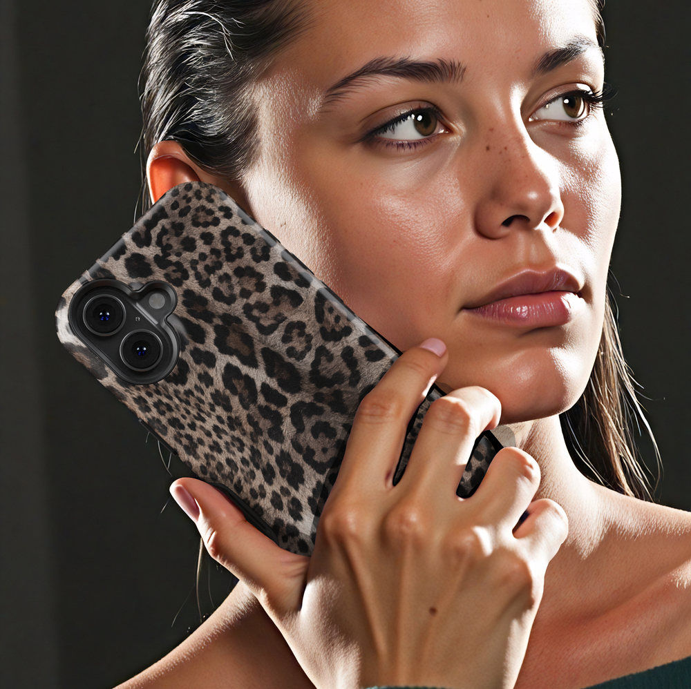 Smoky Leopard iPhone case featuring realistic taupe, brown, charcoal and black leopard animal print.