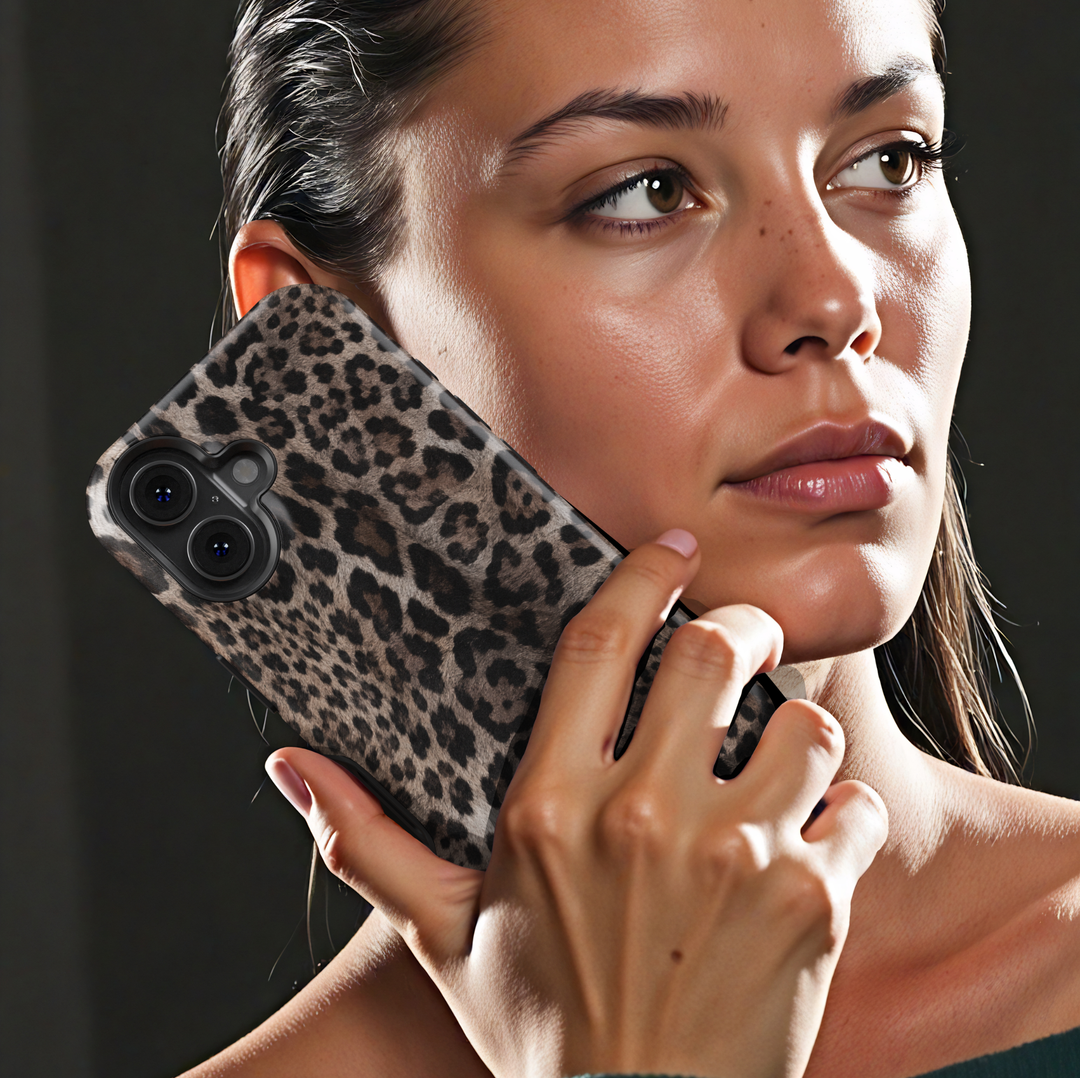 Smoky Leopard iPhone case featuring realistic taupe, brown, charcoal and black leopard animal print.