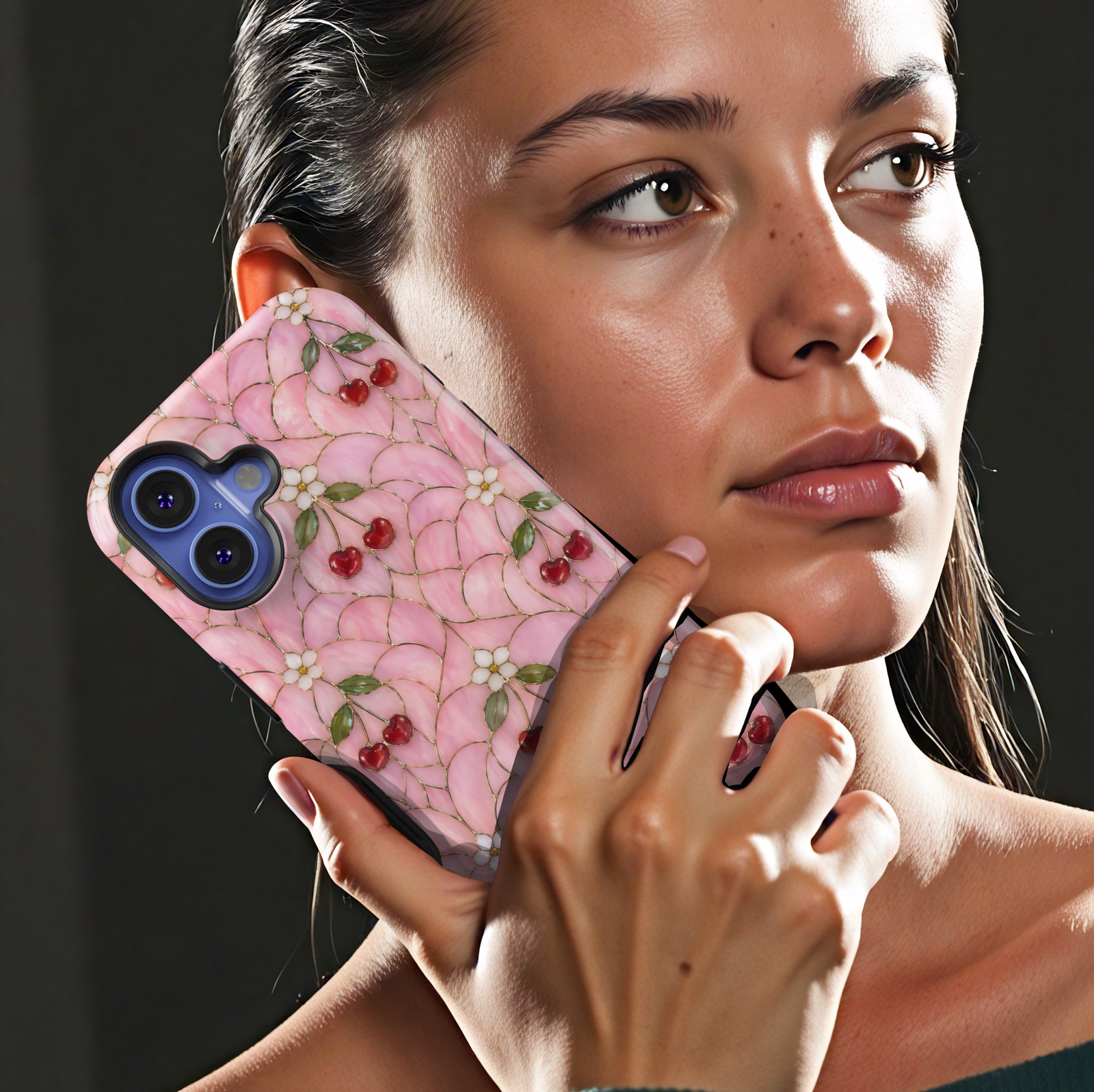 Pink cherry floral iPhone 17 Pro Max case with glossy red cherries and soft stained-glass aesthetic design.