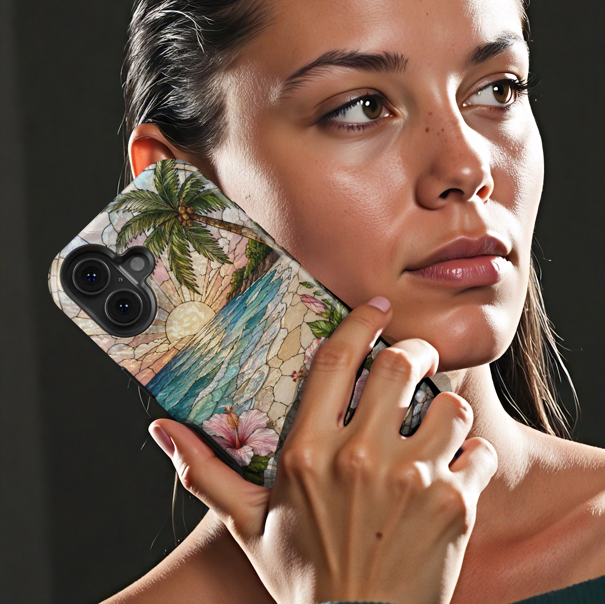 Tropical beach sunset iPhone 17 Pro Max case with hibiscus flowers, seashells, ocean waves, and pearl-inspired details.
