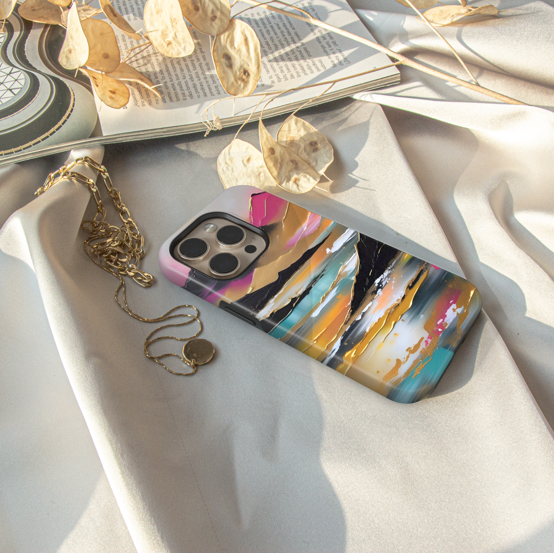 Modern landscape iPhone case featuring turquoise mountains, a reflective lake, and a colorful sunset sky.