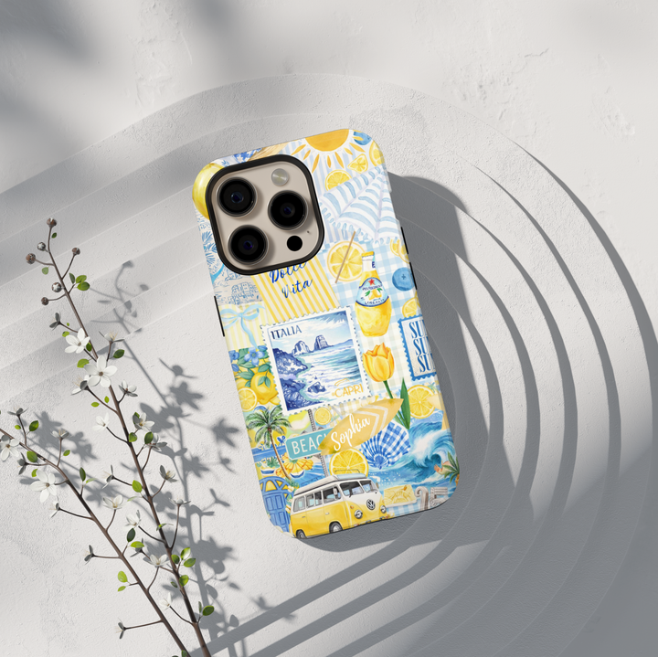 Blue coastal beach collage phone case with lighthouse and travel aesthetic for iPhone 17 Pro Max and Samsung Galaxy S26 Ultra.