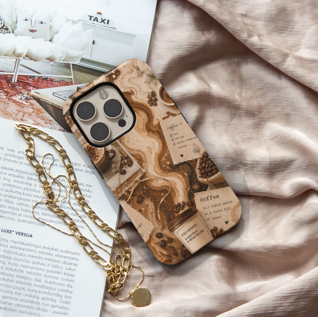 Personalized coffee iPhone 17 Pro Max case featuring custom iced coffee cup, coffee beans, marble swirls, and cozy cafe aesthetic artwork.