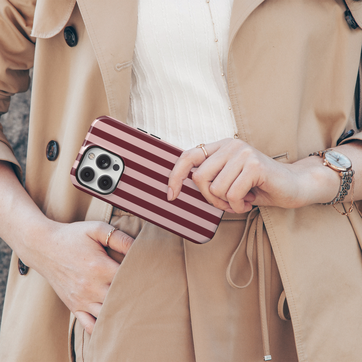 First Class burgundy striped iPhone 18 Pro Max MagSafe case featuring deep burgundy, wine red and muted blush pink vertical stripes, an elegant preppy protective tough iPhone 18 Pro phone case with a minimalist striped design and MagSafe compatibility.