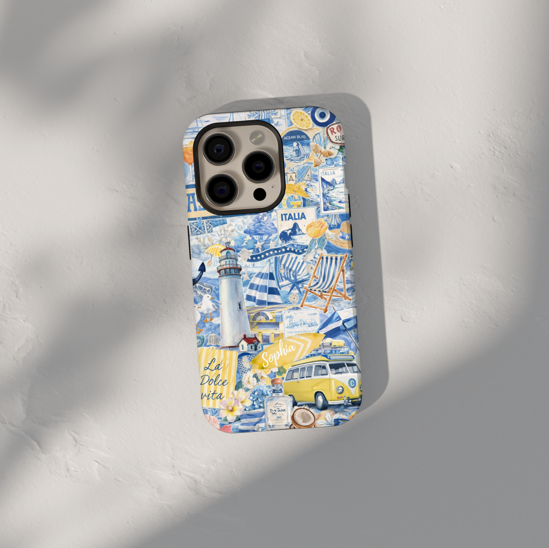 Blue coastal beach collage phone case with lighthouse and travel aesthetic for iPhone 17 Pro Max and Samsung Galaxy S26 Ultra.