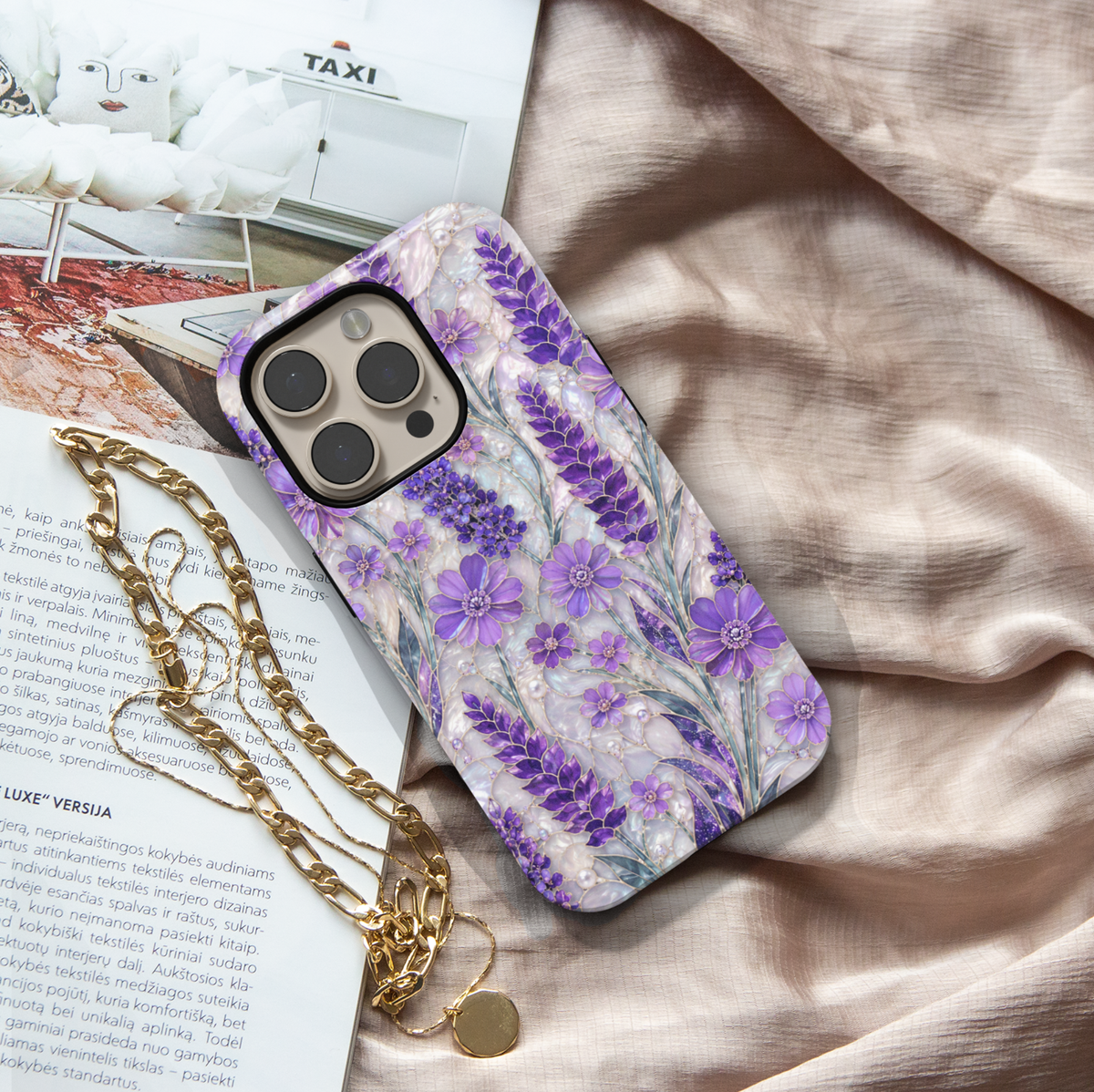 Purple lavender floral iPhone case featuring lilac wildflowers, pearl accents, botanical artwork, and elegant cottagecore aesthetic.