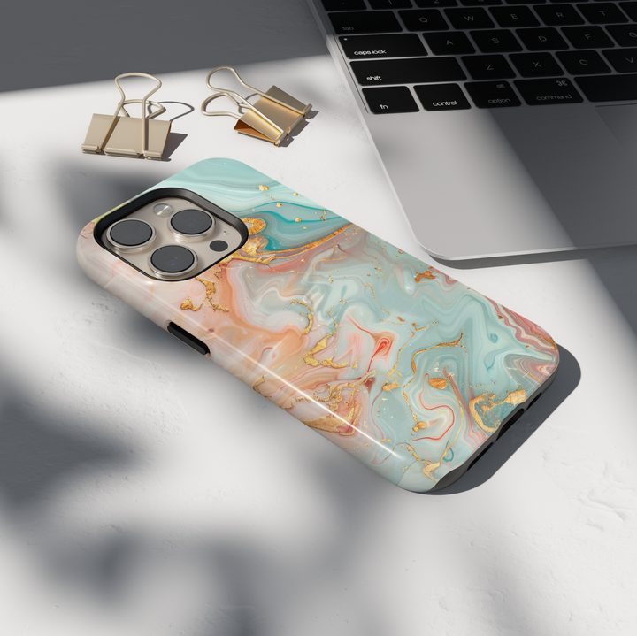 Pastel marble phone case with peach mint and gold abstract swirl design
