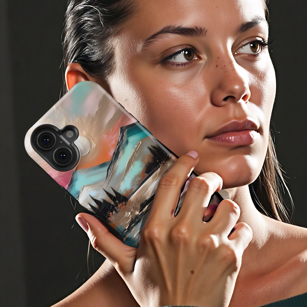 Modern landscape iPhone case featuring turquoise mountains, a reflective lake, and a colorful sunset sky.