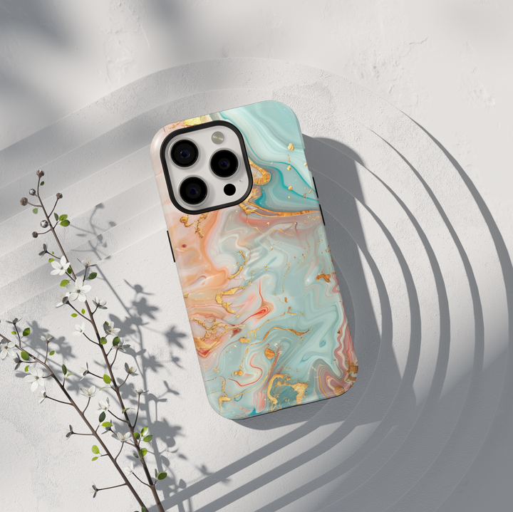 Pastel marble phone case with peach mint and gold abstract swirl design