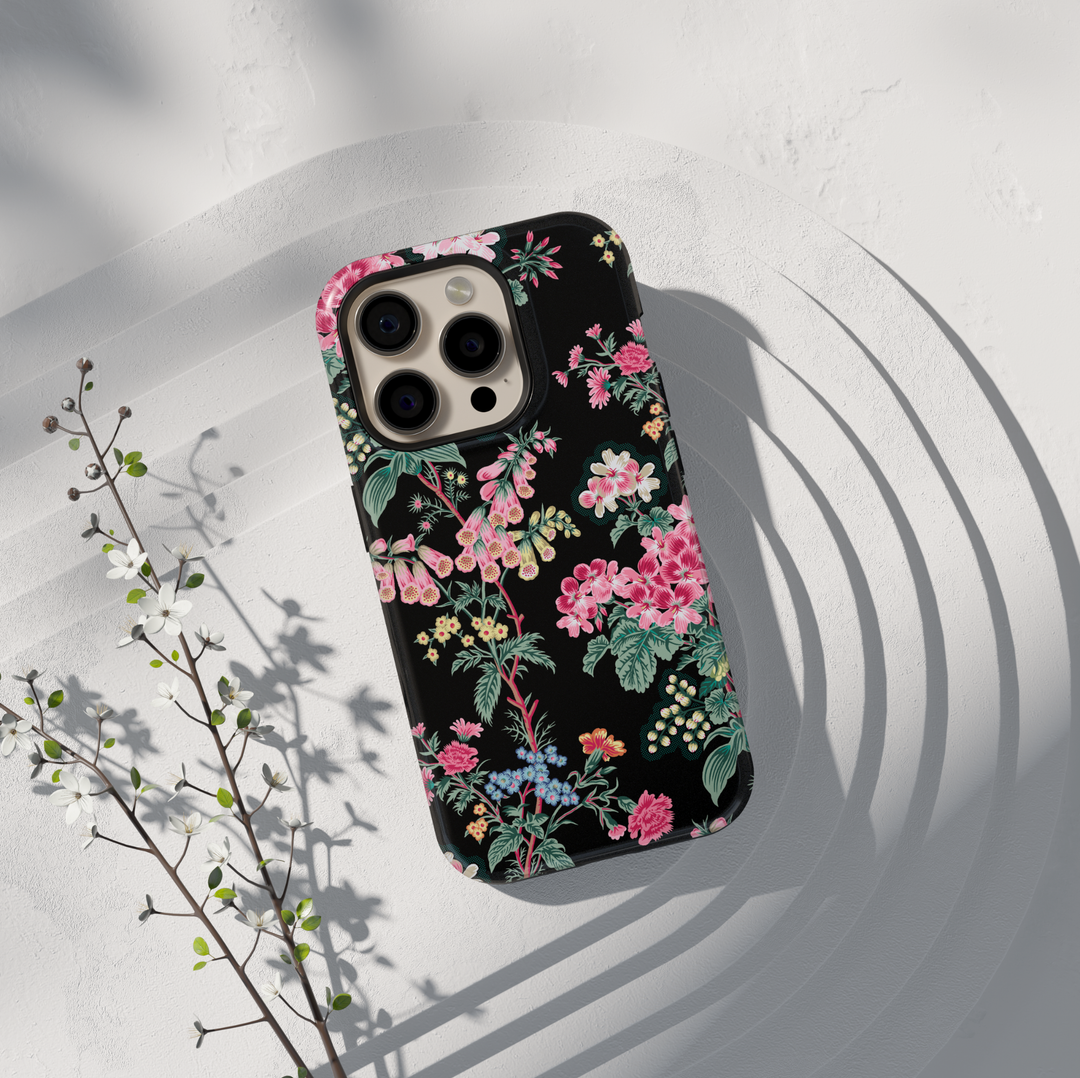 Black vintage floral botanical iPhone 17 case with pink flowers aesthetic protective tough case for iPhone 17 Pro Max, iPhone 17 Pro, iPhone 16 Pro Max, iPhone 16 Plus stylish botanical garden phone cover