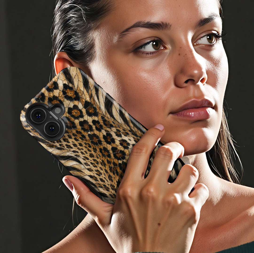 Golden Wild iPhone case with leopard and zebra animal print in black, caramel, cream and golden brown mosaic-inspired details.
