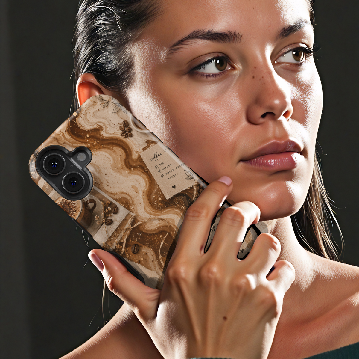 Custom coffee Samsung Galaxy S26 Ultra phone case with personalized drink order, coffee beans, vintage cafe notes, and neutral coffee artwork.