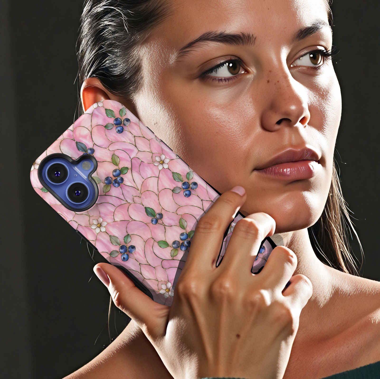 Pink floral iPhone 17 Pro Max case with delicate blossoms and blueberry accents in a soft aesthetic design.