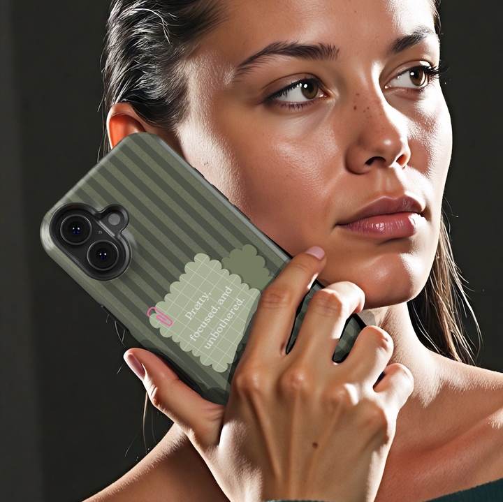 Sage green aesthetic phone case with striped background and minimalist quote saying pretty focused and unbothered on a protective iPhone and Samsung Galaxy phone case for women