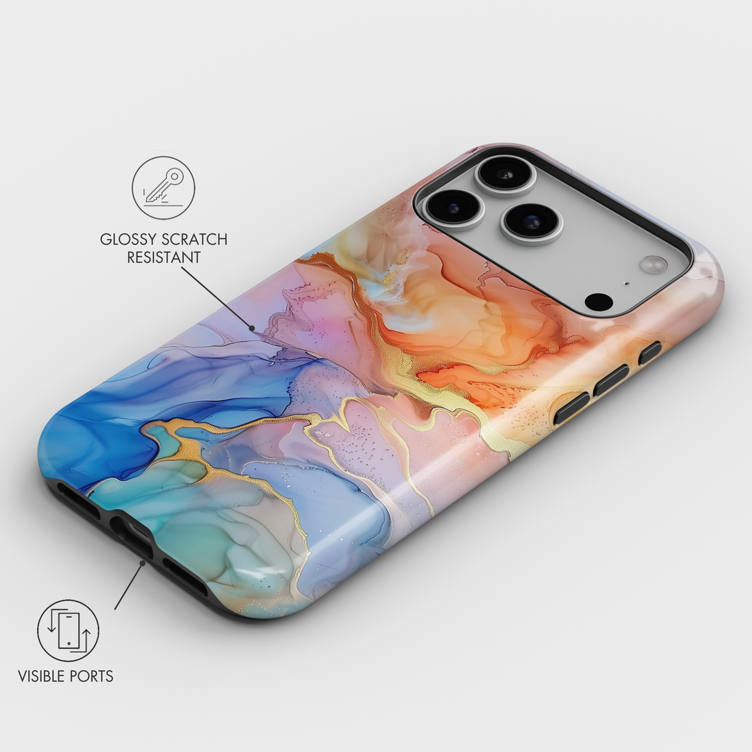 Pastel marble phone case with blue peach and gold flowing abstract design