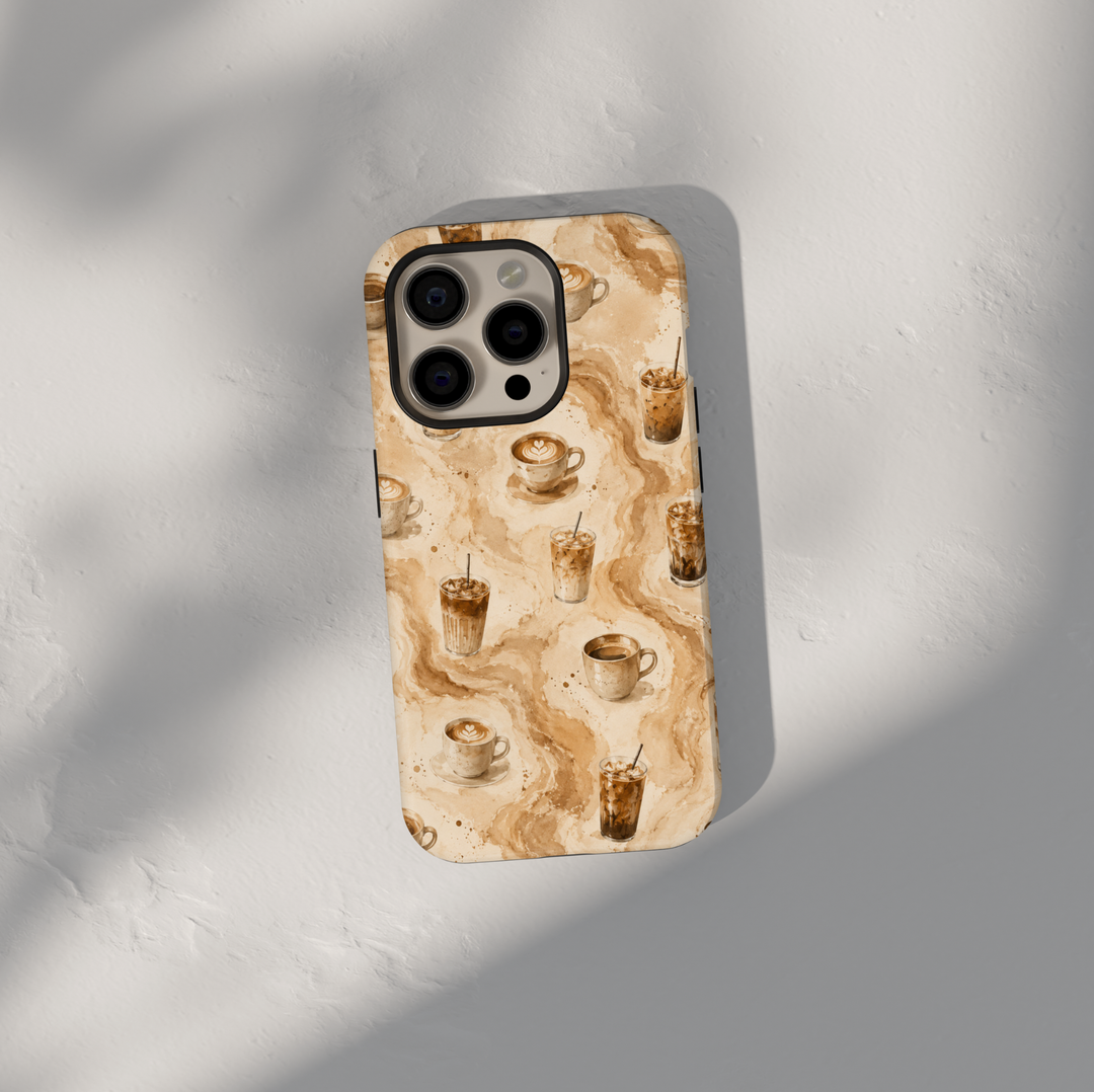 coffee iPhone 17 Pro Max case featuring custom iced coffee cup, coffee beans, marble swirls, and cozy cafe aesthetic artwork.