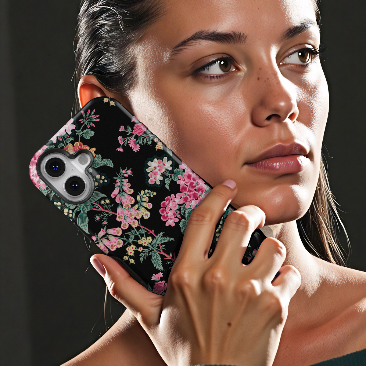 Black vintage floral botanical iPhone 17 case with pink flowers aesthetic protective tough case for iPhone 17 Pro Max, iPhone 17 Pro, iPhone 16 Pro Max, iPhone 16 Plus stylish botanical garden phone cover