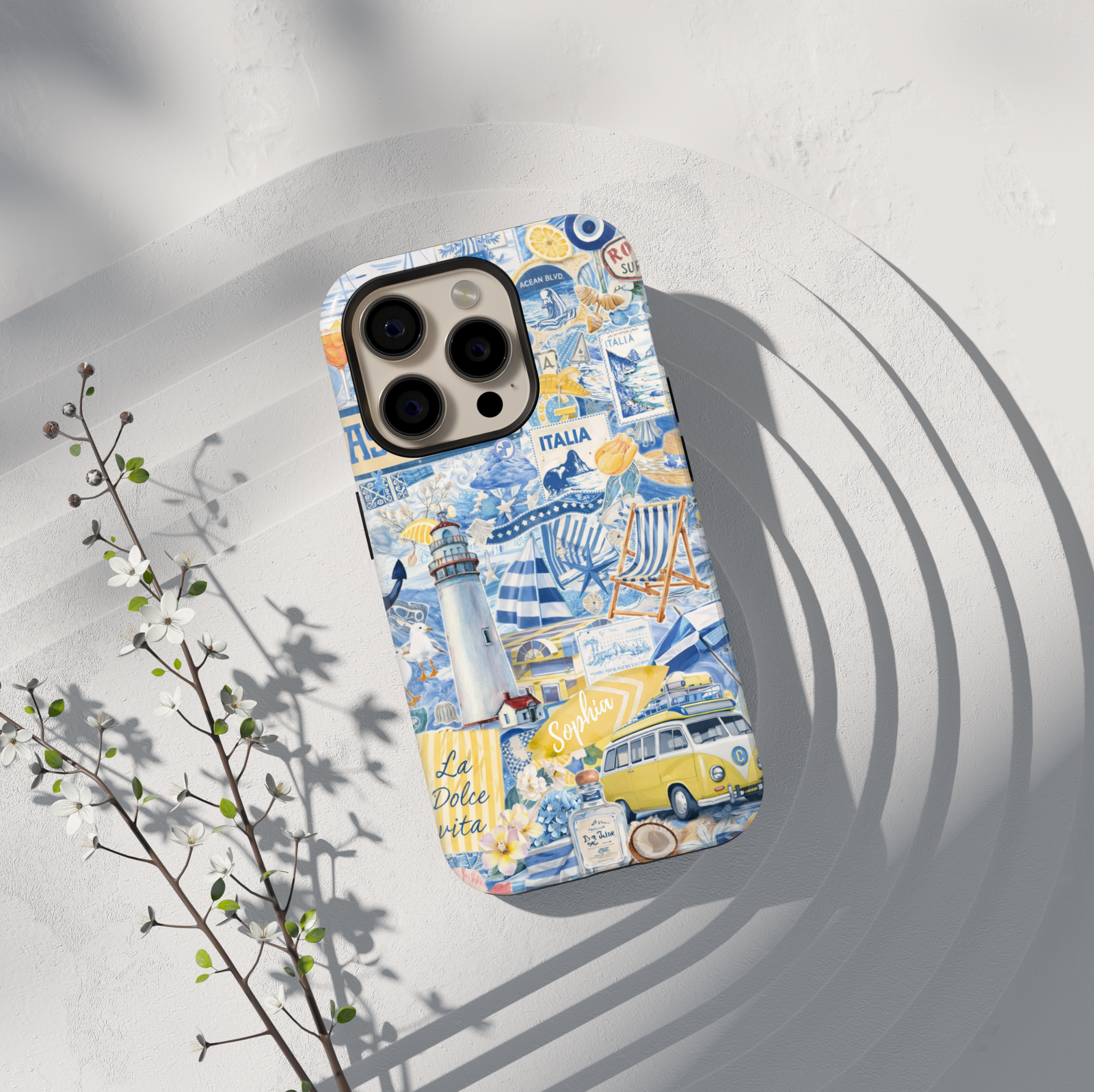 Blue coastal beach collage phone case with lighthouse and travel aesthetic for iPhone 17 Pro Max and Samsung Galaxy S26 Ultra.