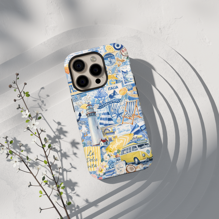 Blue coastal beach collage phone case with lighthouse and travel aesthetic for iPhone 17 Pro Max and Samsung Galaxy S26 Ultra.