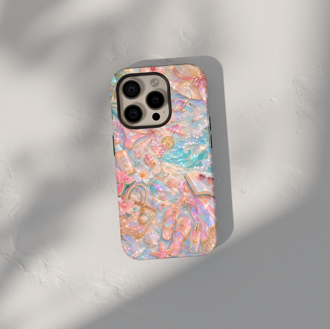 Beach aesthetic iPhone 17 Pro Max case featuring ocean waves, seashells, tropical flowers, beach accessories, cocktails, and pastel coastal artwork.