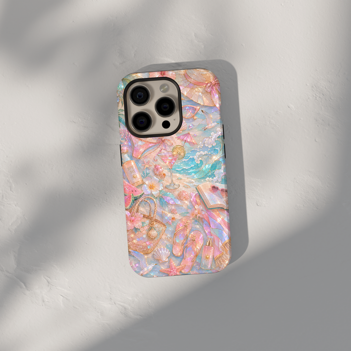 Beach aesthetic iPhone 17 Pro Max case featuring ocean waves, seashells, tropical flowers, beach accessories, cocktails, and pastel coastal artwork.