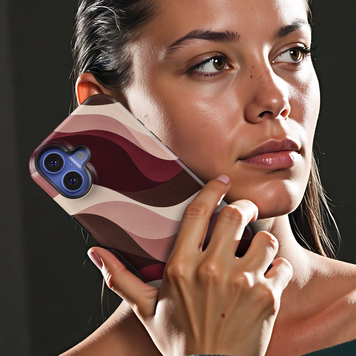 Cabernet Curve iPhone 18 Pro Max MagSafe case featuring flowing abstract waves in cabernet, burgundy, chocolate brown, dusty rose, blush and warm cream, a modern luxury tough iPhone 18 Pro phone case with MagSafe compatibility.