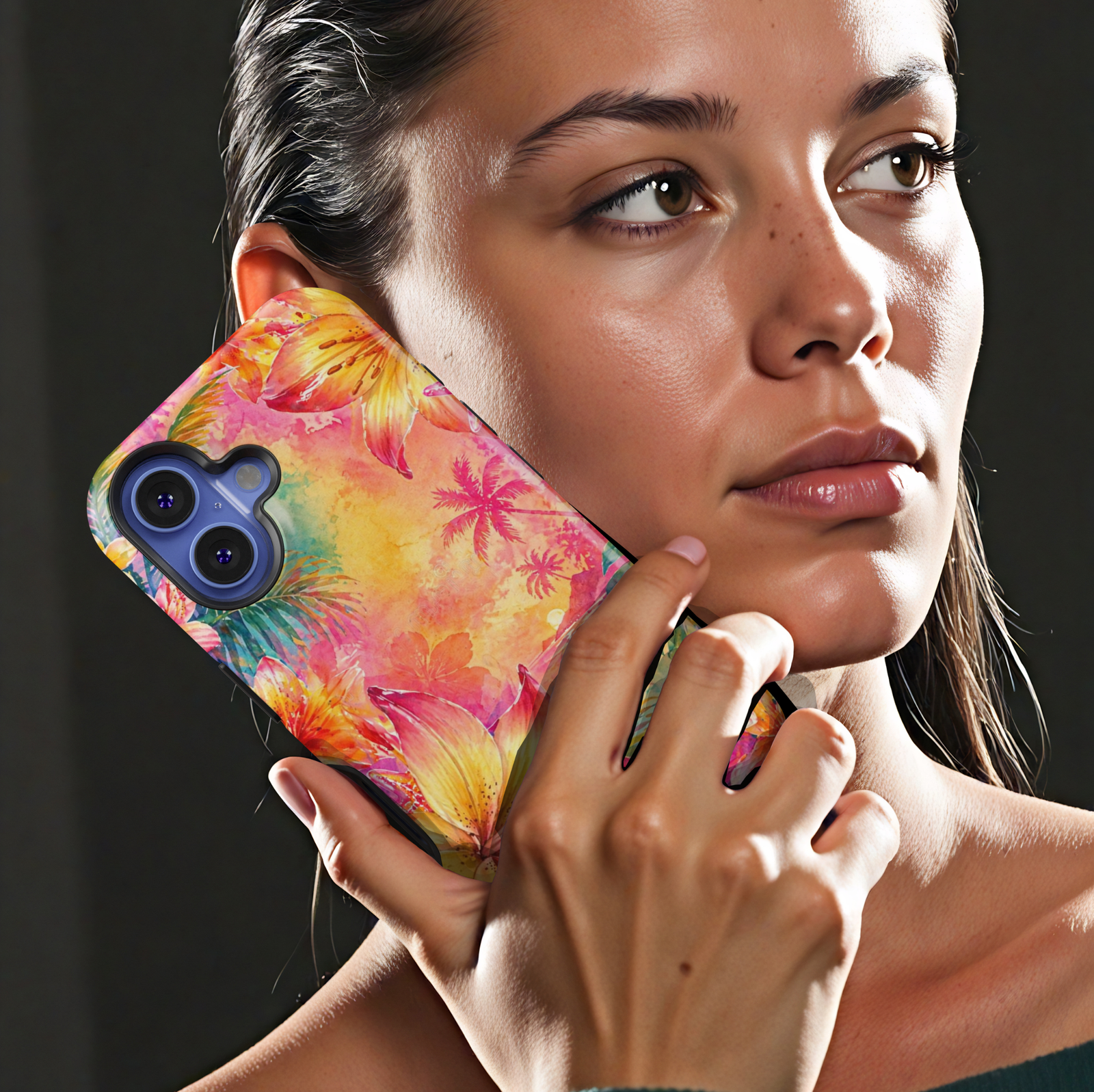 Tropical sunset iPhone 17 Pro Max case with palm trees, bright floral design and beach scenery in pink and orange tones, MagSafe tough case.