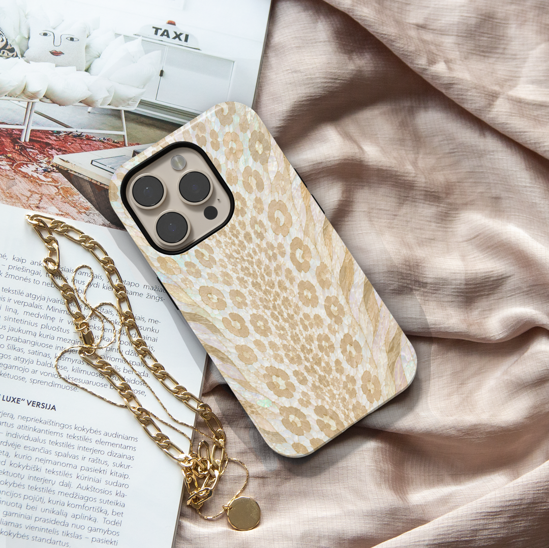 Pearl Snow Leopard iPhone case with ivory, cream and champagne beige leopard print in an opal pearl-inspired design.