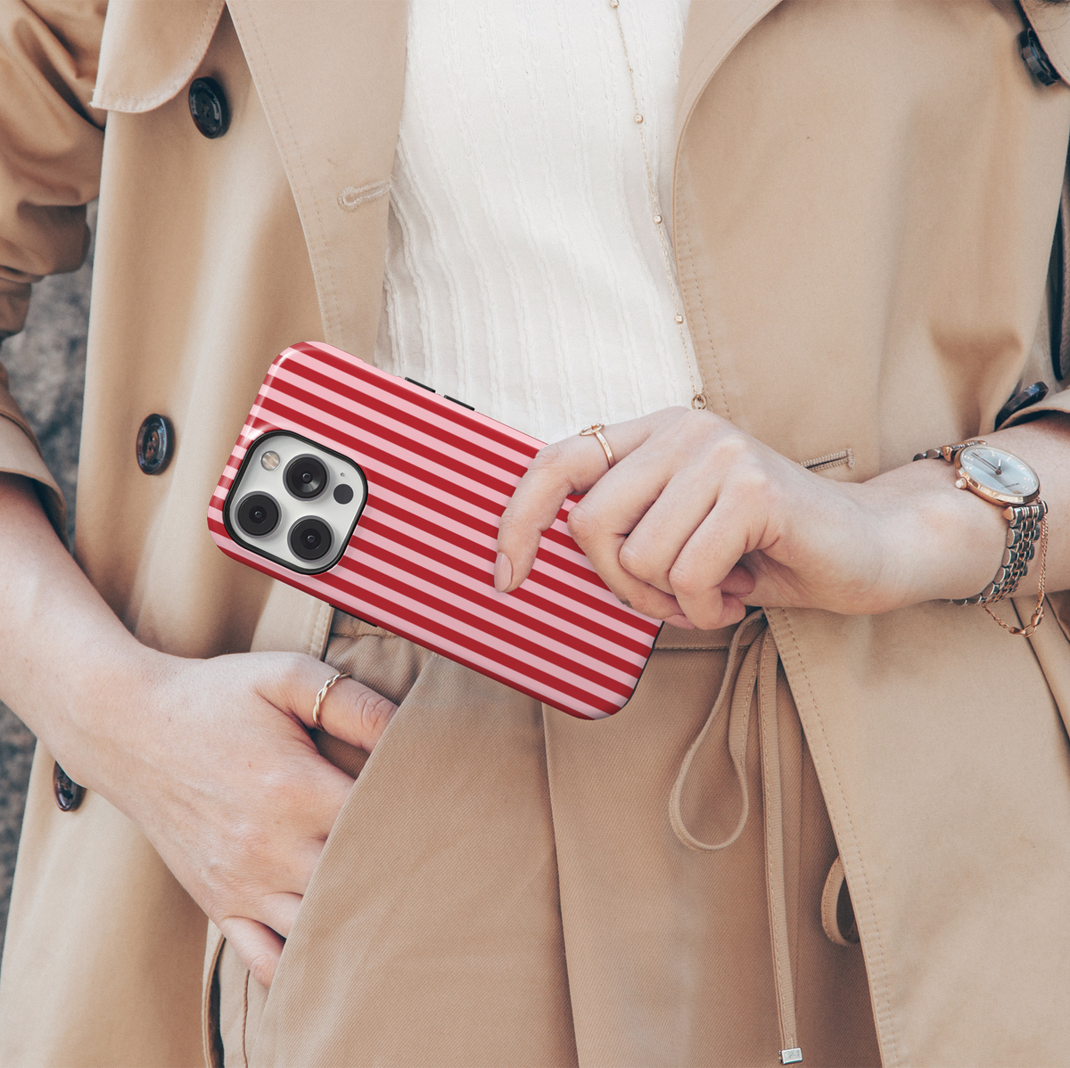 Candy Striper red and pink striped iPhone 18 Pro Max MagSafe case featuring alternating cherry red and soft blush pink vertical stripes, a cute preppy protective tough iPhone 18 Pro phone case with a feminine retro striped design and MagSafe compatibility.