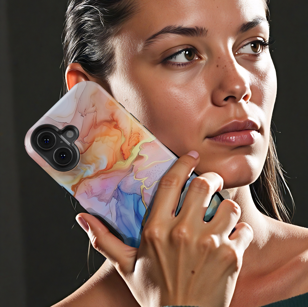 Pastel marble phone case with blue peach and gold flowing abstract design