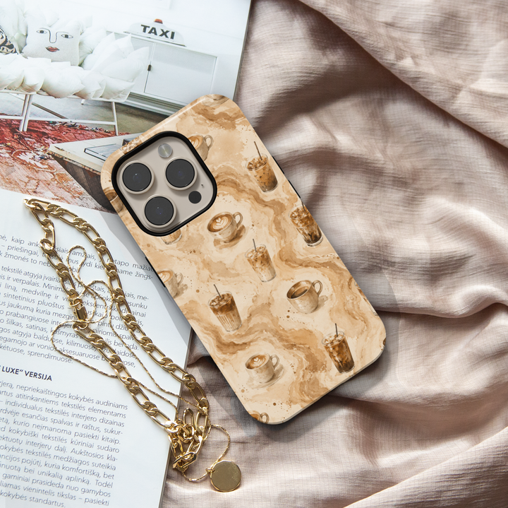 coffee iPhone 17 Pro Max case featuring custom iced coffee cup, coffee beans, marble swirls, and cozy cafe aesthetic artwork.