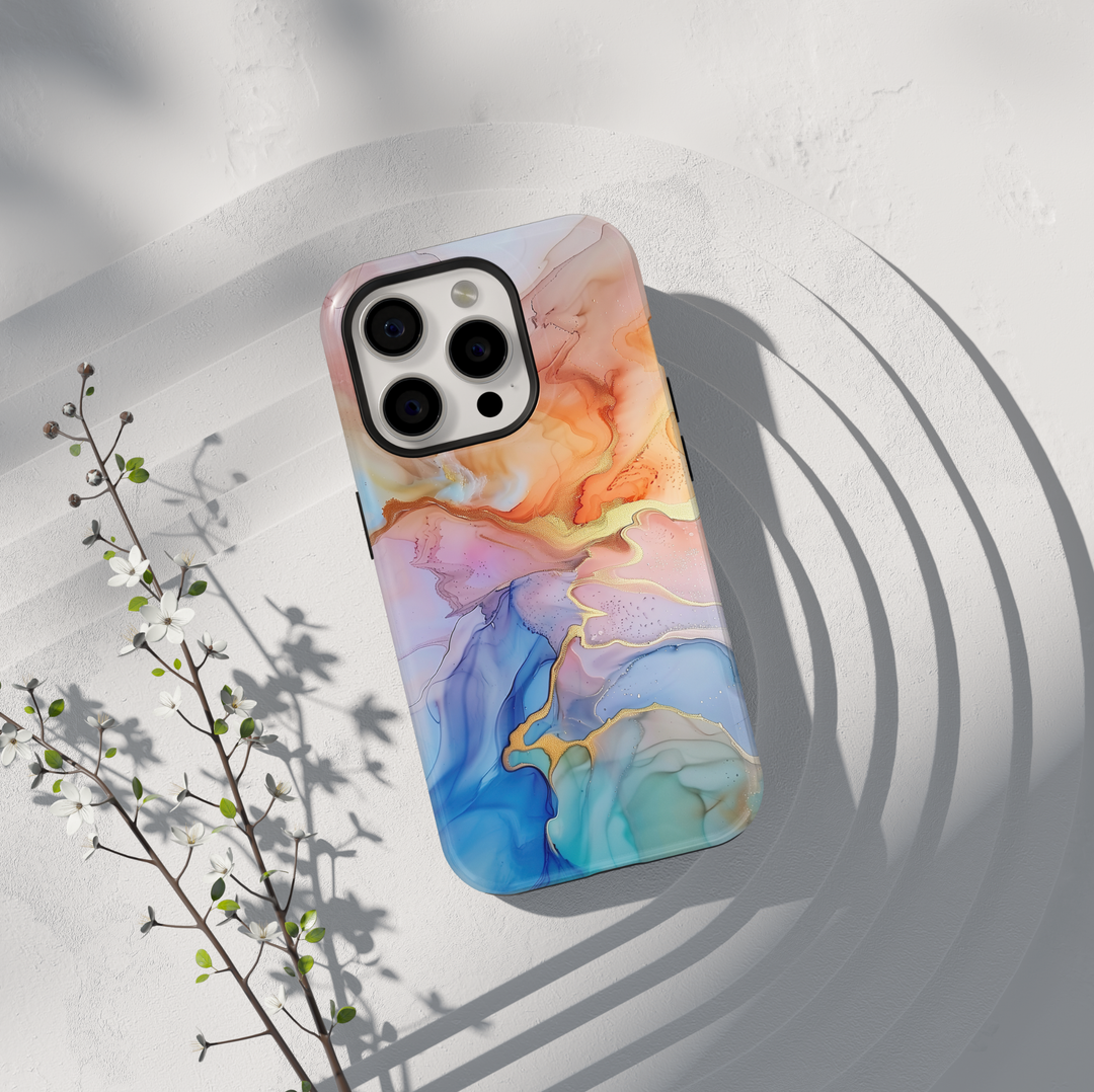 Pastel marble phone case with blue peach and gold flowing abstract design
