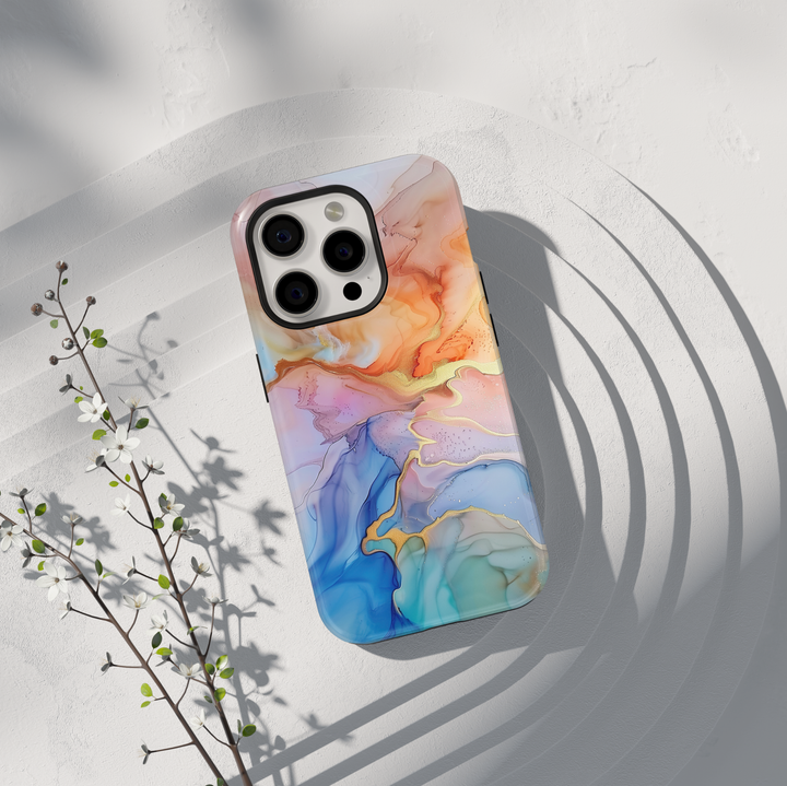 Pastel marble phone case with blue peach and gold flowing abstract design