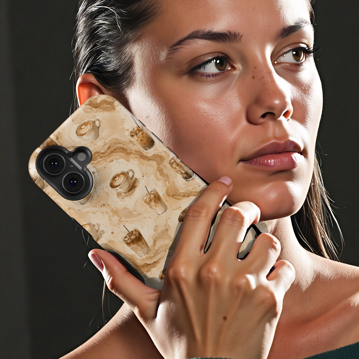 coffee iPhone 17 Pro Max case featuring custom iced coffee cup, coffee beans, marble swirls, and cozy cafe aesthetic artwork.