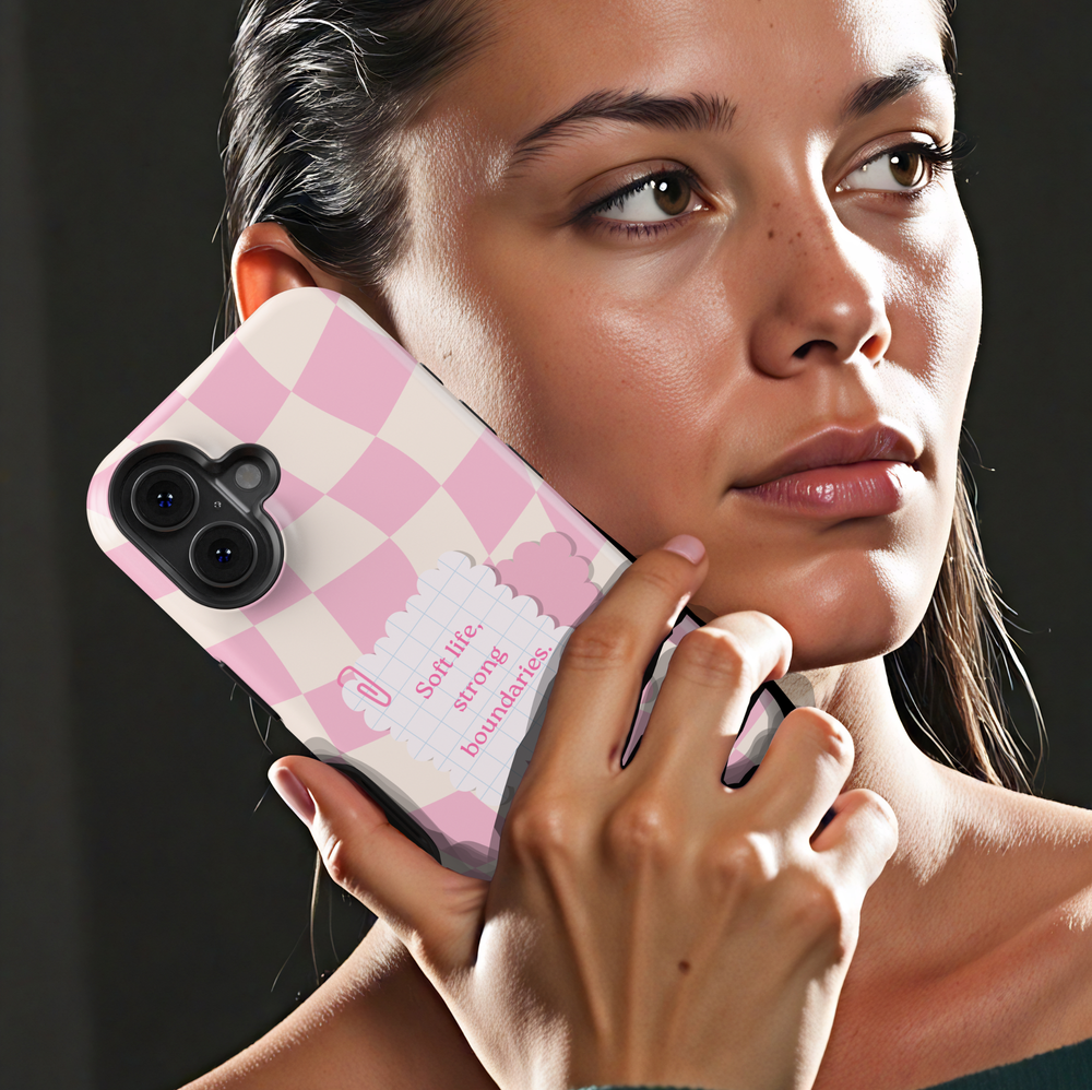 Pink checker phone case with soft life strong boundaries quote, aesthetic iPhone 17 case for women, pastel Galaxy S25 phone cover