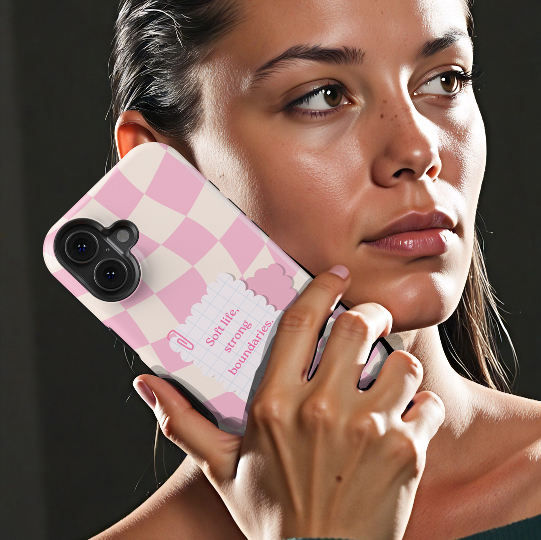 Pink checker phone case with soft life strong boundaries quote, aesthetic iPhone 17 case for women, pastel Galaxy S25 phone cover