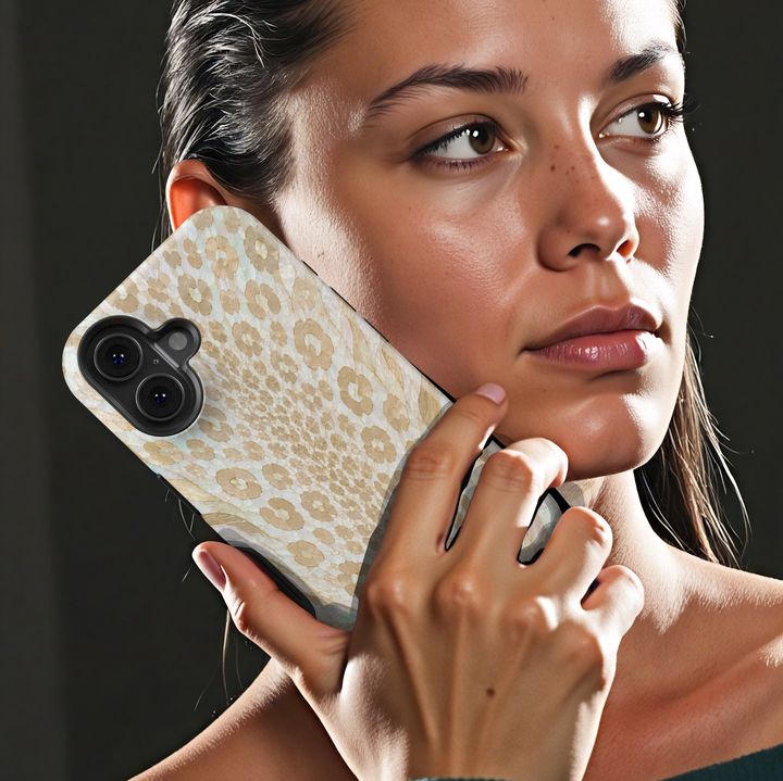 Pearl Snow Leopard iPhone case with ivory, cream and champagne beige leopard print in an opal pearl-inspired design.