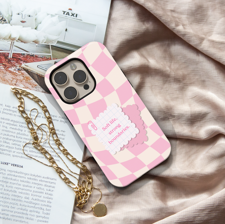 Pink checker phone case with soft life strong boundaries quote, aesthetic iPhone 17 case for women, pastel Galaxy S25 phone cover