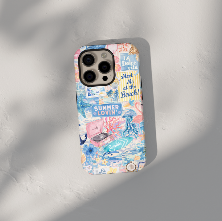 Summer beach collage phone case aesthetic with ocean, seashells, and coastal elements for iPhone 17 Pro Max and Samsung Galaxy S26 Ultra.